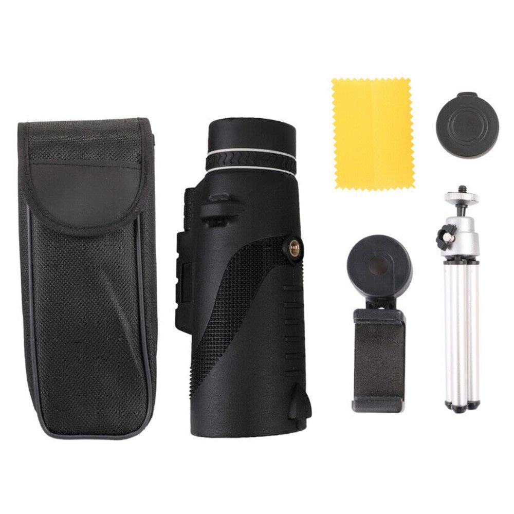 Yellow Pandora HD monocular tripod for smartphones, portable mobile and laptop accessory with adjustable stand and compact design.