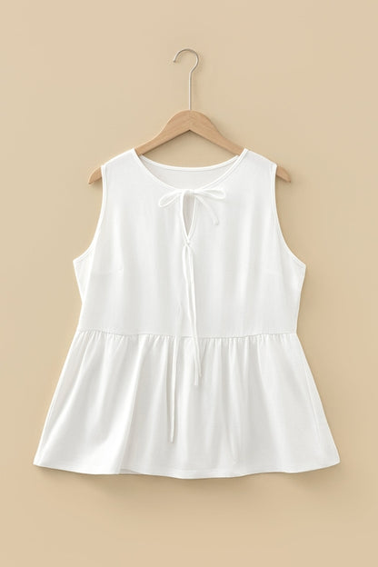 Plus size solid bow-tie peplum tank top for women by Byzantium Bay, featuring a stylish bow detail and flattering fit.