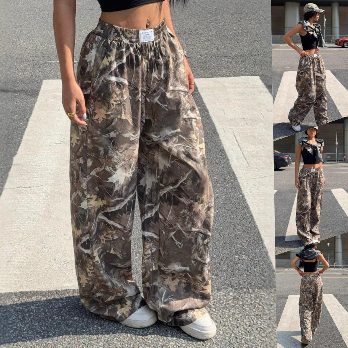 Pear Daisy camouflage casual pants with multiple pockets, hip hop retro street style, ideal for comfortable home and outdoor wear.