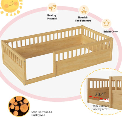 Natural twin Montessori floor bed with high safety rails from Peach Maple, showcasing a sturdy wooden furniture piece for children.