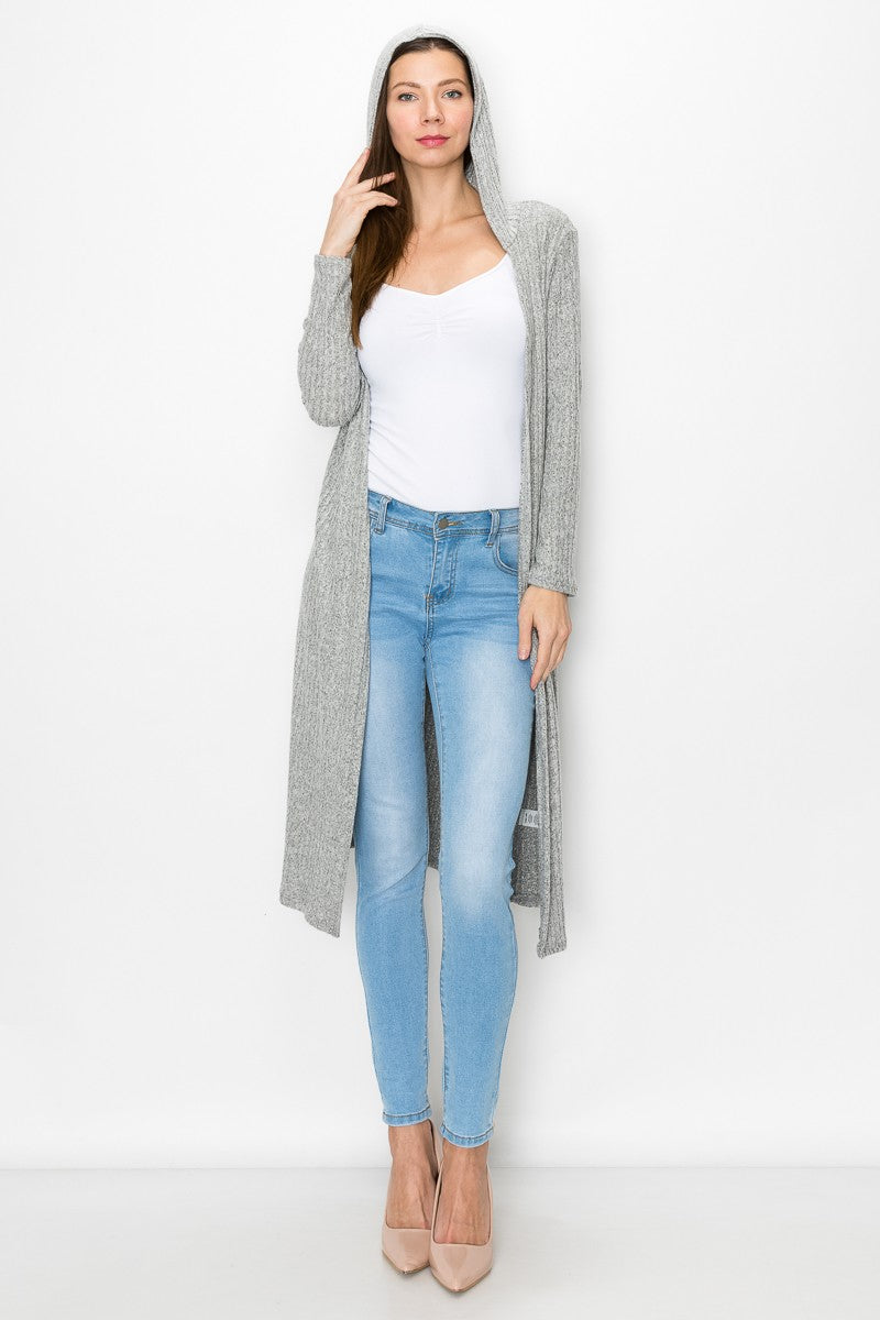 Grey long sleeve hooded light cardigan from Yellow Hera, styled as a casual dress, with a relaxed fit and soft fabric.