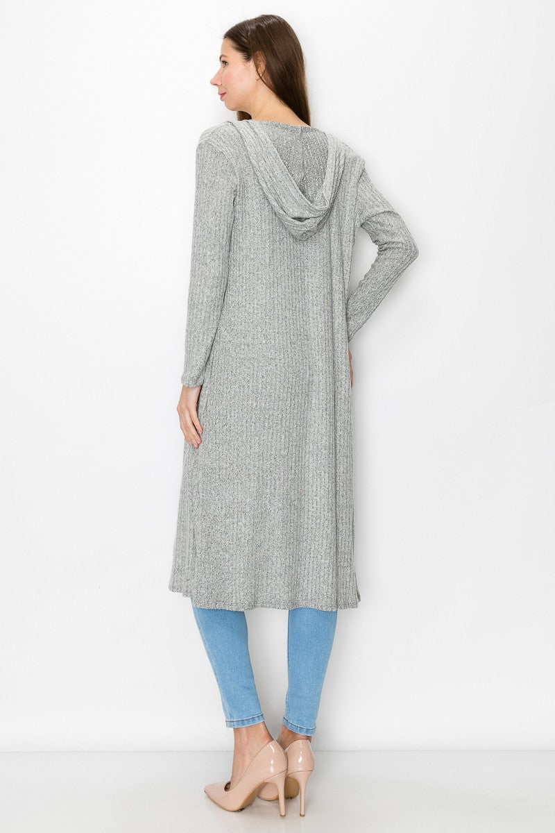 Gray long sleeve hooded light cardigan from Yellow Hera, styled as a dress, with a relaxed fit and casual look.