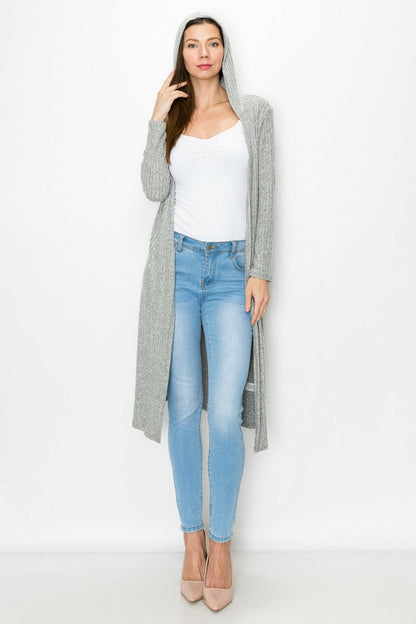 Yellow Hera long sleeve hooded light grey cardigan, versatile dress layer with a cozy hood and soft fabric.