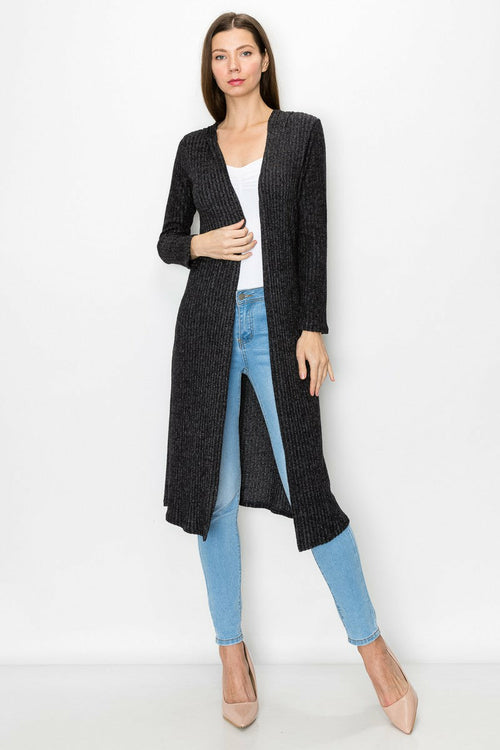 Black long sleeve hooded light cardigan dress by Yellow Hera, casual and comfortable with a relaxed fit.