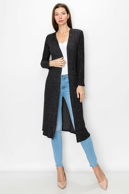 Black long sleeve hooded light cardigan dress by Yellow Hera, casual and comfortable with a relaxed fit.