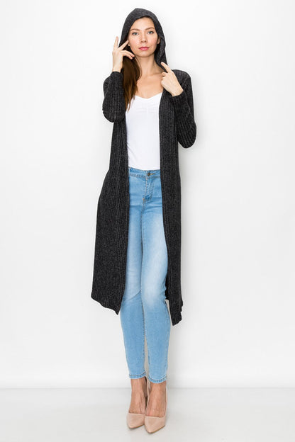 Black long sleeve hooded light cardigan from Yellow Hera, styled as a versatile dress or layering piece.