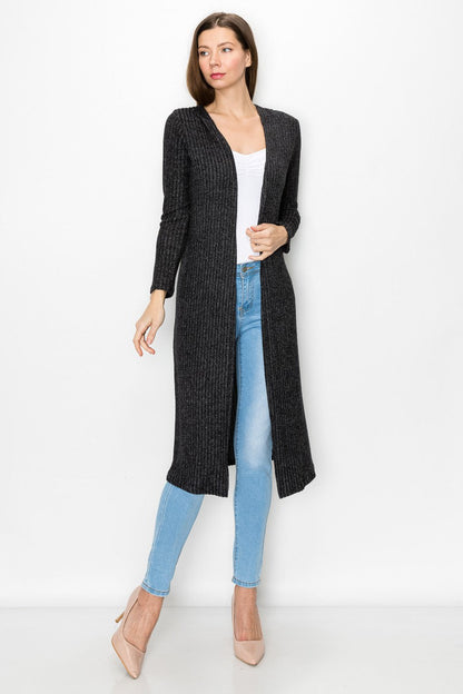 Black long sleeve hooded light cardigan dress by Yellow Hera displayed on a hanger with a casual fit and soft fabric texture.
