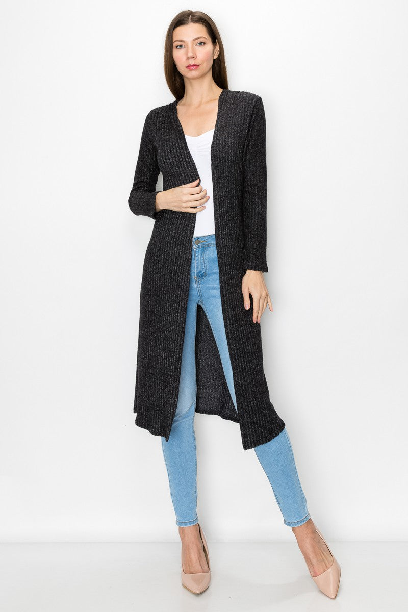 Black long sleeve hooded light cardigan dress by Yellow Hera, featuring a casual, comfortable fit and soft fabric.