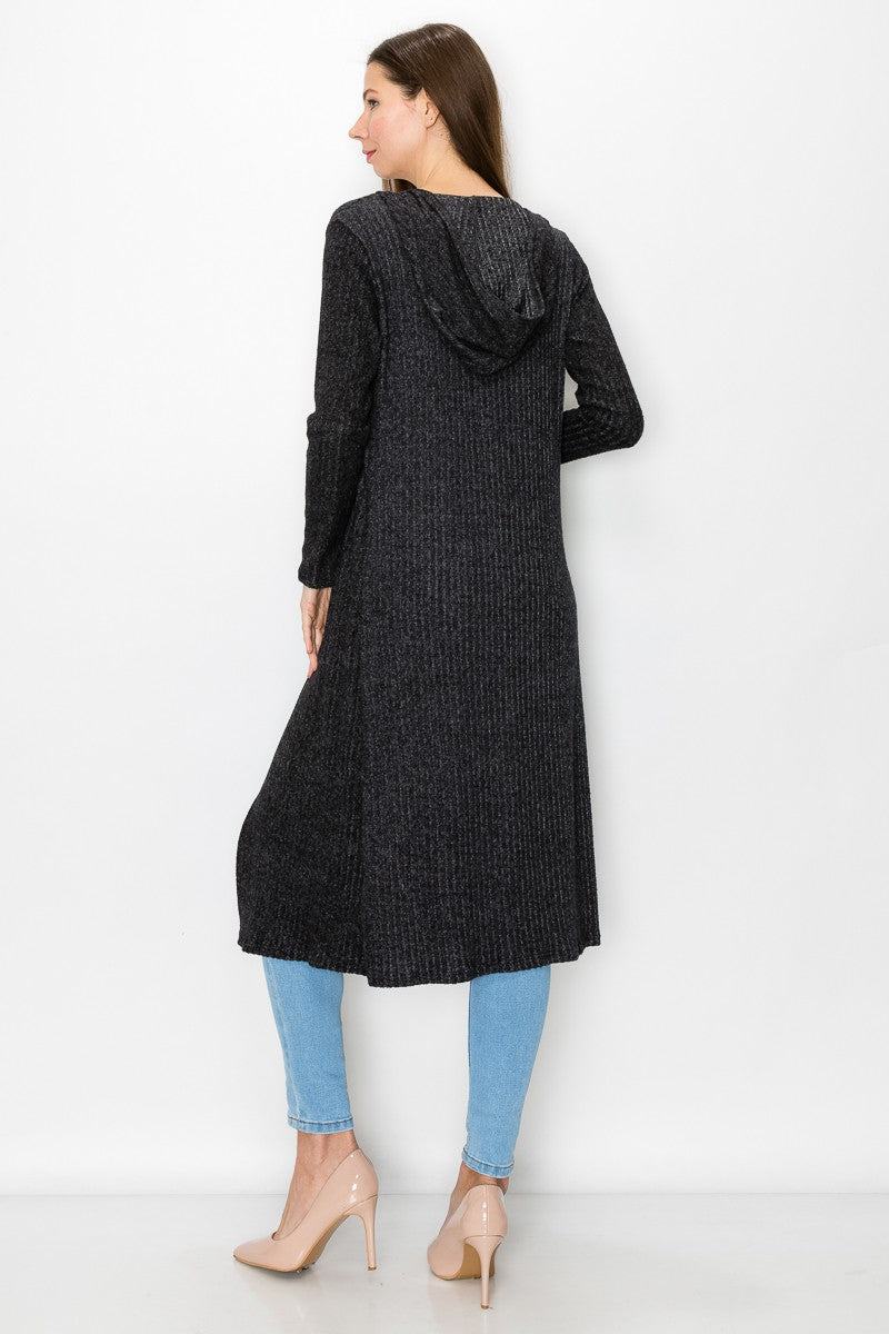 Black long sleeve hooded light cardigan dress by Yellow Hera, featuring a relaxed fit and soft fabric in the image.