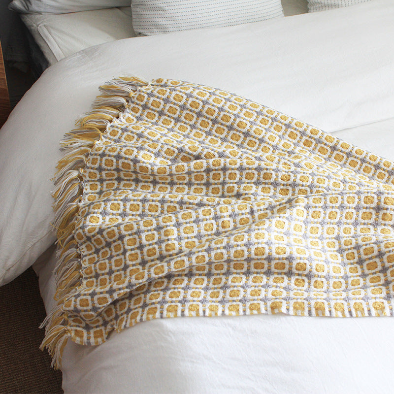 Yellow knitted wool blanket in pastoral style by Copper Pallas, showcasing soft, cozy woven texture for home decor.