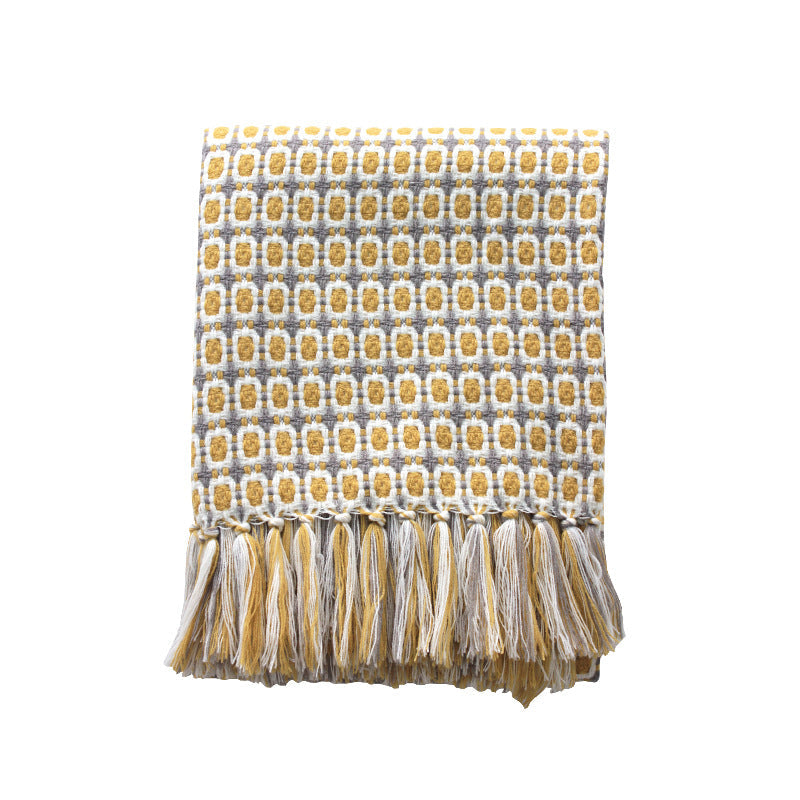Yellow knitted woolen blanket with pastoral style pattern by Copper Pallas, cozy and soft for bedroom or living room decor.