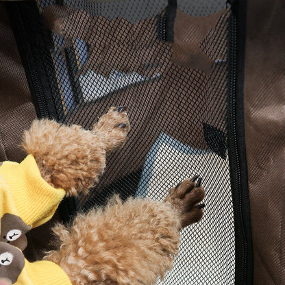 Maroon Asteria portable pet house made of Oxford cloth, featuring a cozy crate room and play area for small pets.