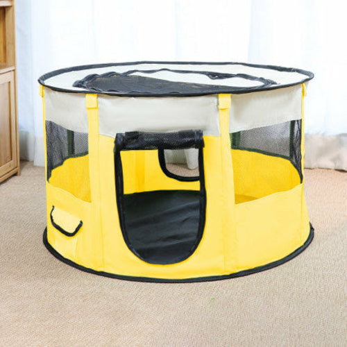 Maroon Asteria portable pet house made of Oxford cloth, featuring a cozy crate room for pets to play and rest comfortably.