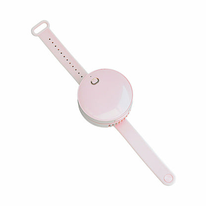 Maroon Asteria portable wrist fan with mirror, leafless design, USB rechargeable, featuring 3-speed settings for home improvement use.