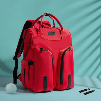 Carmine Juneberry AllFashion™ SmartMom Travel+ diaper backpack with multiple compartments and adjustable straps, black color.