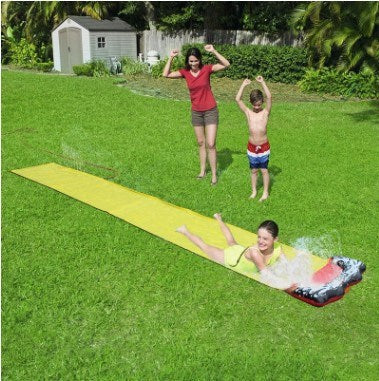 Colorful inflatable garden splash park with surfing toy for kids, by Maroon Asteria, featuring water slides and play area.