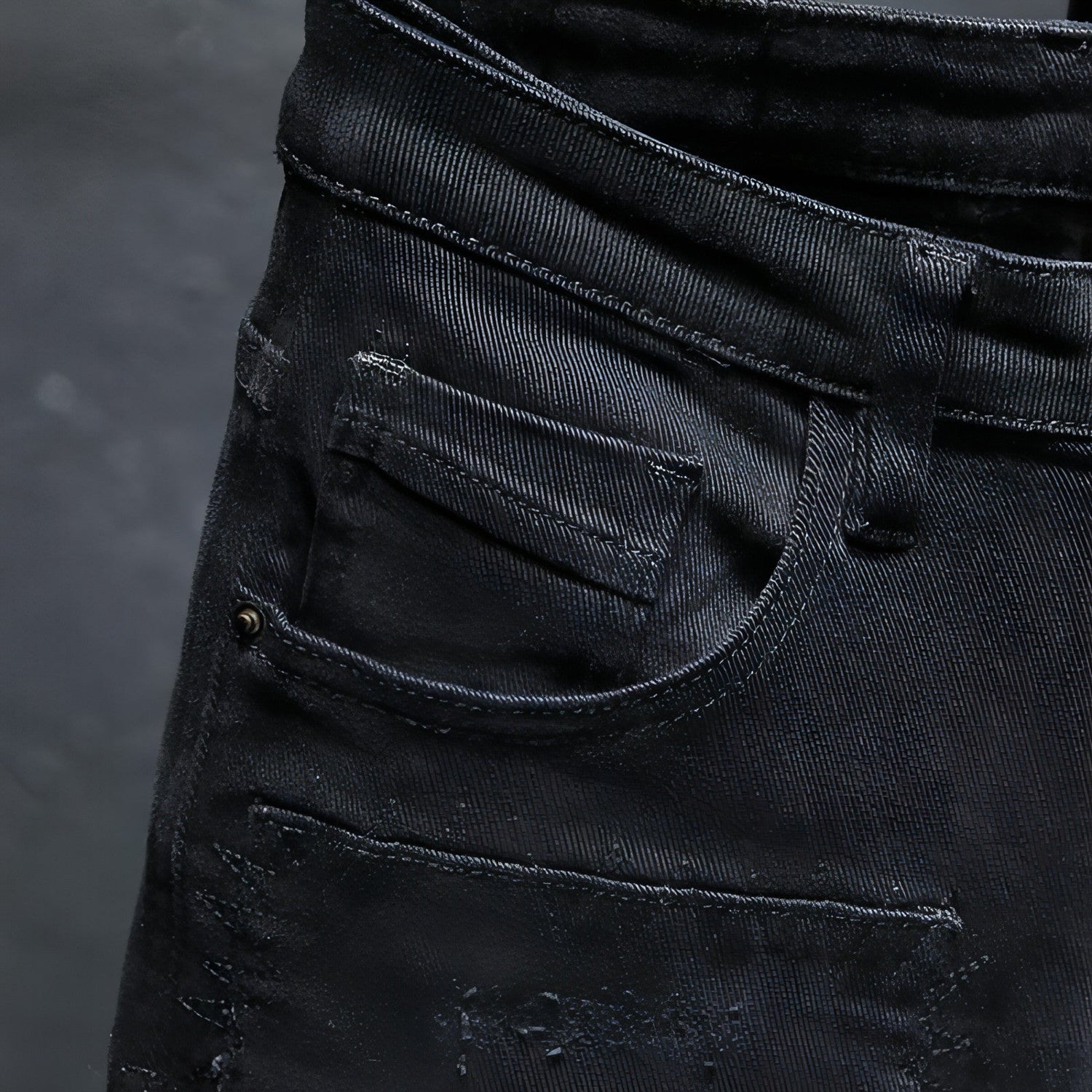 Carmine Juneberry DenimDare™ Pure Black ripped stretch jeans for men, black denim pants with distressed details.