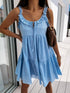 Women’s solid color dress by Carmine Juneberry featuring suspenders, V-neck, and short skirt style.
