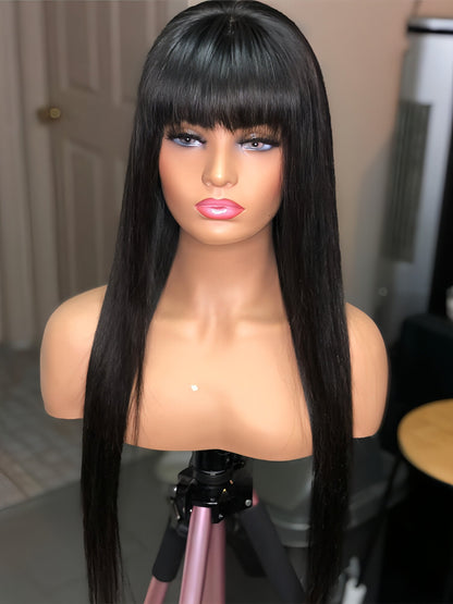 Carmine Juneberry LuxeWaves Brazilian straight black 30-inch wig with long bangs, made from 100% real hair, for natural hair styling