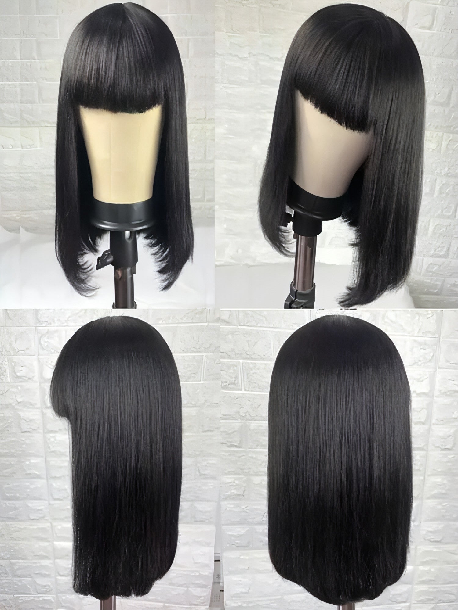 Carmine Juneberry LuxeWaves Brazilian straight black 30-inch hair wig with bangs, made of 100% real hair, long and sleek.