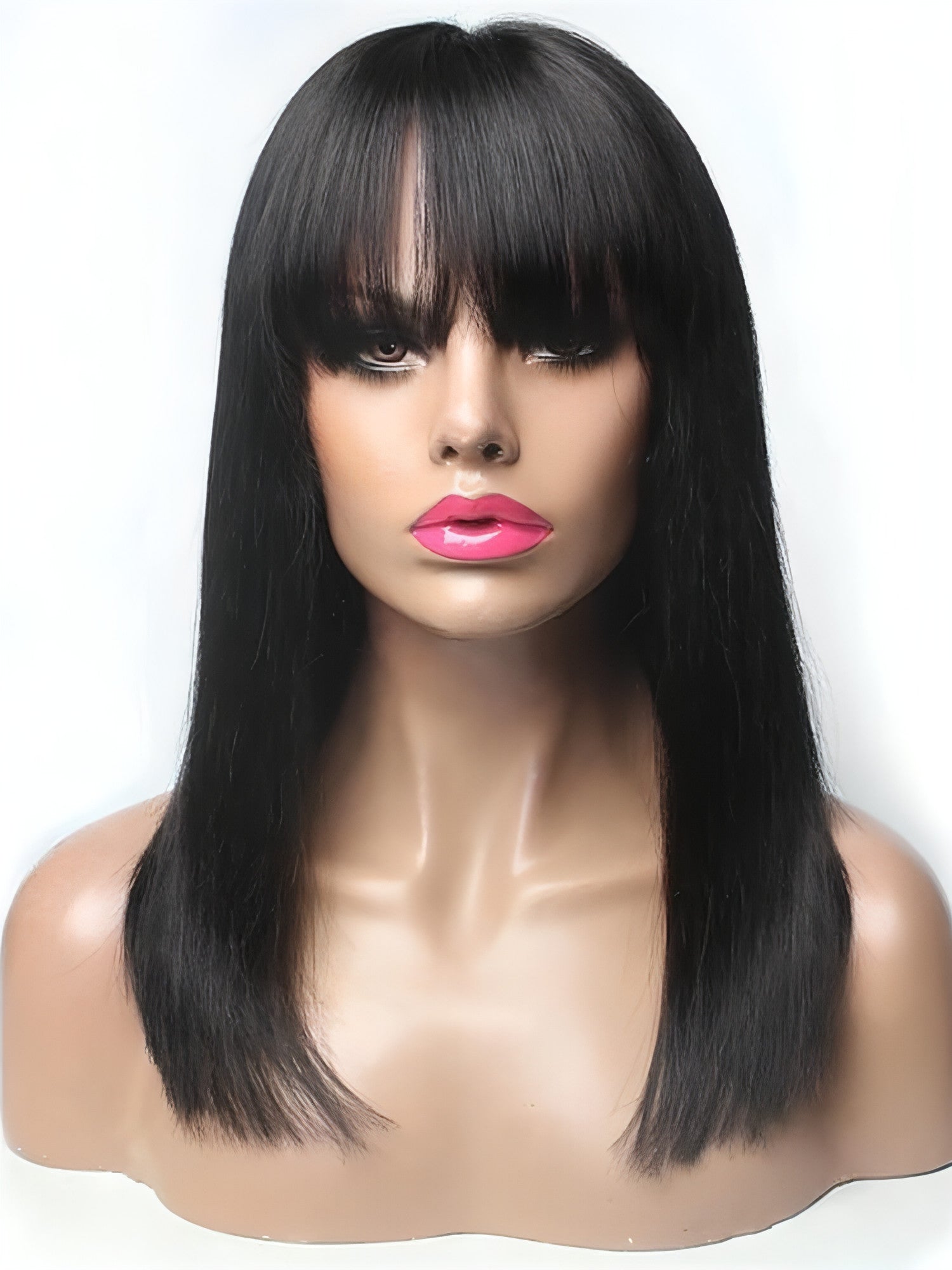 Carmine Juneberry LuxeWaves Brazilian straight black 30-inch wig with long bangs, 100% real hair, perfect for a sleek hairstyle.