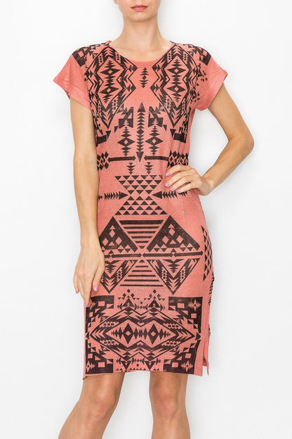 Short sleeve Aztec print dress by Yellow Hera in coral, featuring vibrant geometric patterns and a relaxed fit.