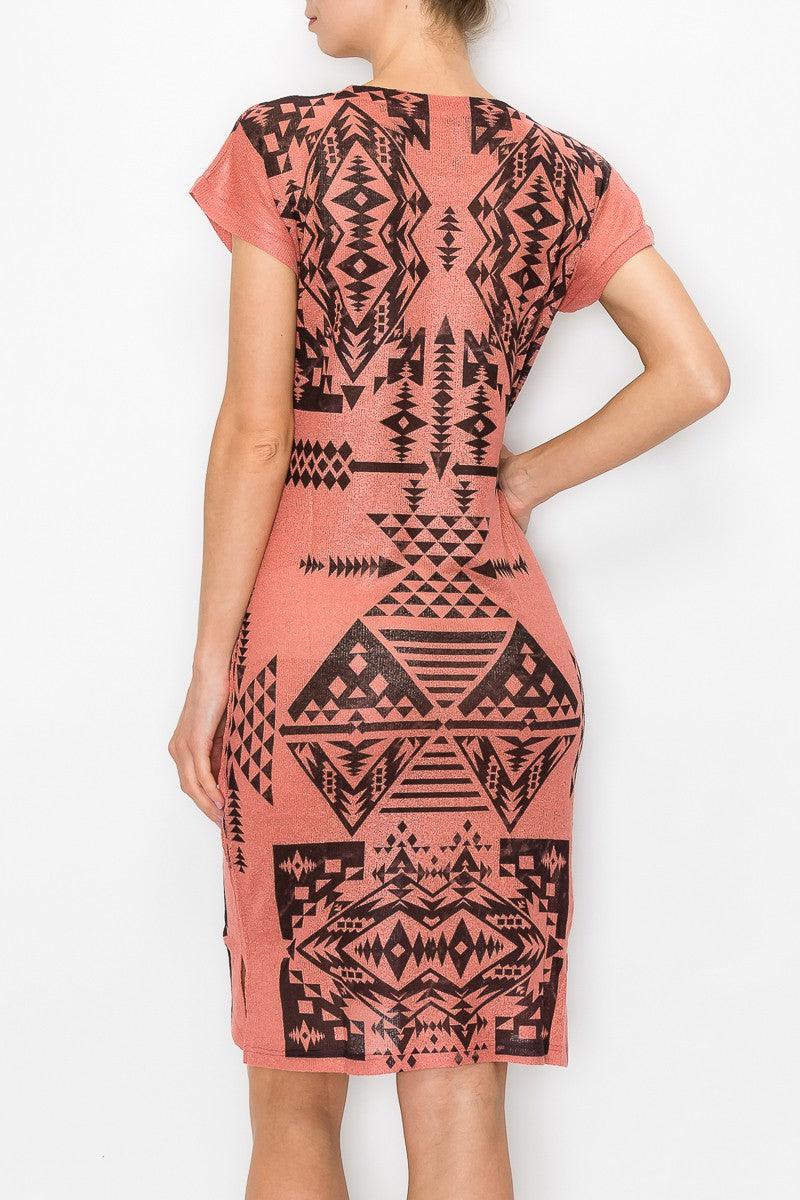 Yellow Hera short sleeve Aztec print dress in coral with vibrant geometric patterns, perfect for casual summer wear.