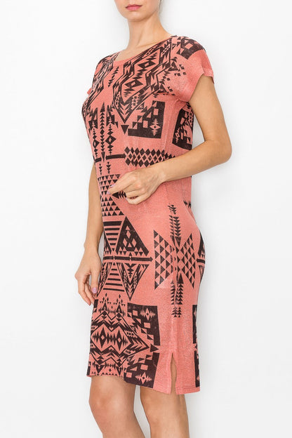 Yellow Hera short sleeve Aztec print dress in coral with vibrant geometric patterns, lightweight and stylish for summer wear.