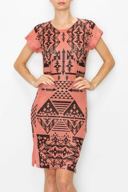 Yellow Hera short sleeve Aztec print dress in coral with vibrant geometric patterns, perfect for casual summer wear.