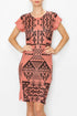 Yellow Hera short sleeve Aztec print dress in coral with vibrant geometric patterns, perfect for casual summer wear.