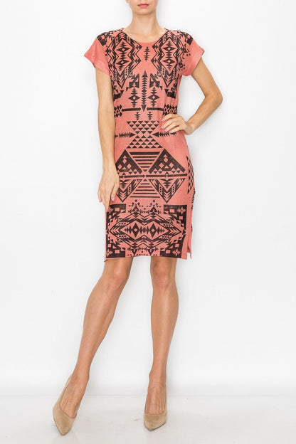 Yellow Hera short sleeve Aztec print coral dress with a relaxed fit and vibrant pattern, perfect for casual summer wear.