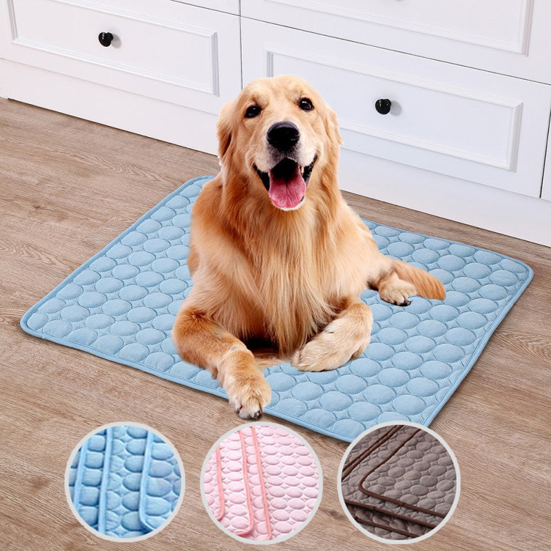 Maroon Asteria Pet Summer Portable Ice Silk Cooling Pad on a bed, designed to keep pets cool and comfortable during hot weather