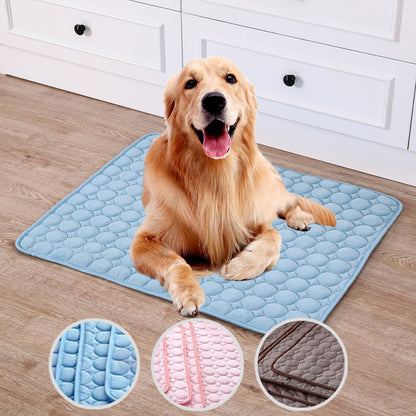 Maroon Asteria Pet Summer Portable Ice Silk Cooling Pad on a bed, designed to keep pets cool and comfortable during hot weather