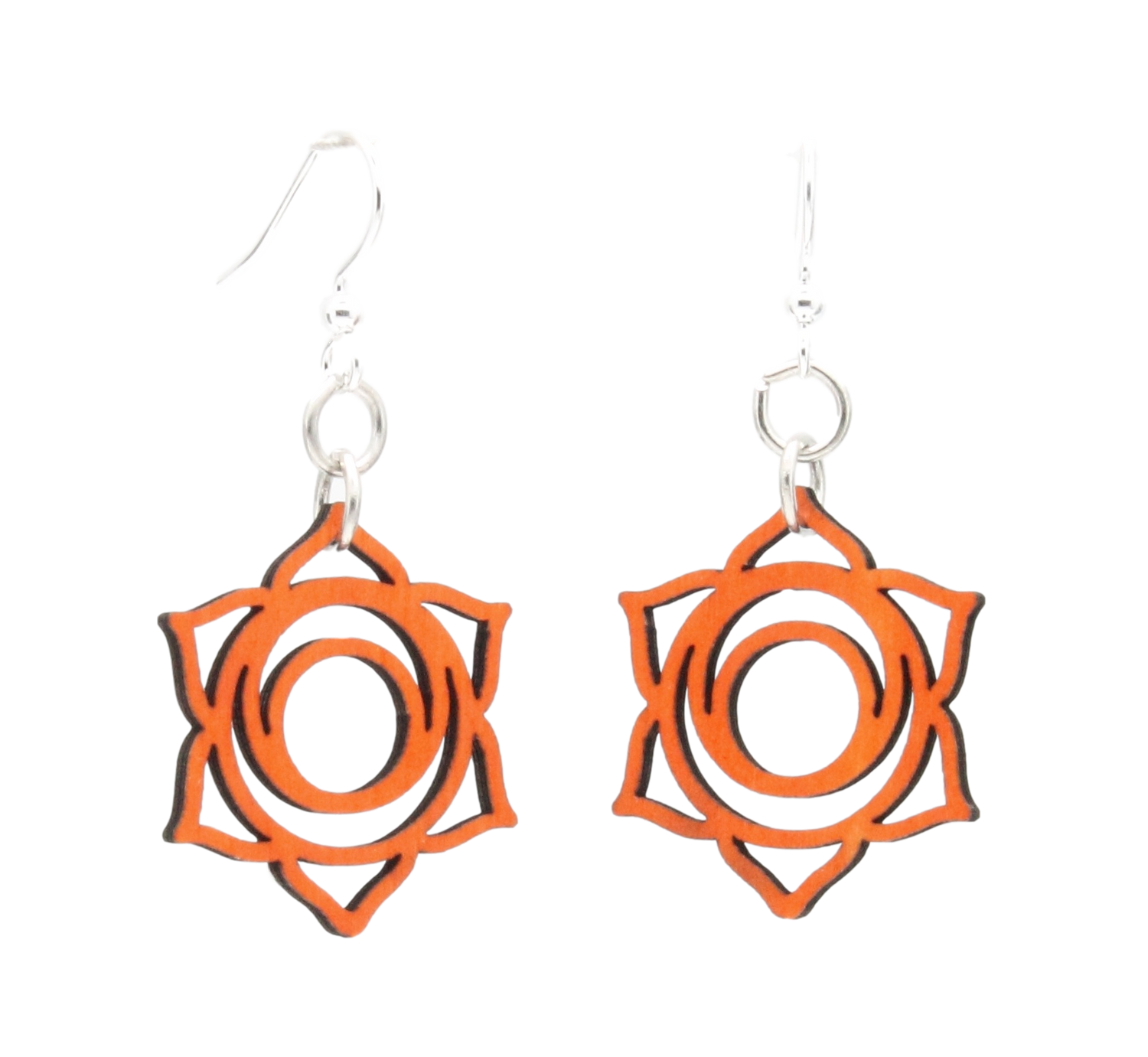 Red Sunflower Svadhishthana Chakra wood earrings featuring carved orange and brown designs, hanging from silver hooks.