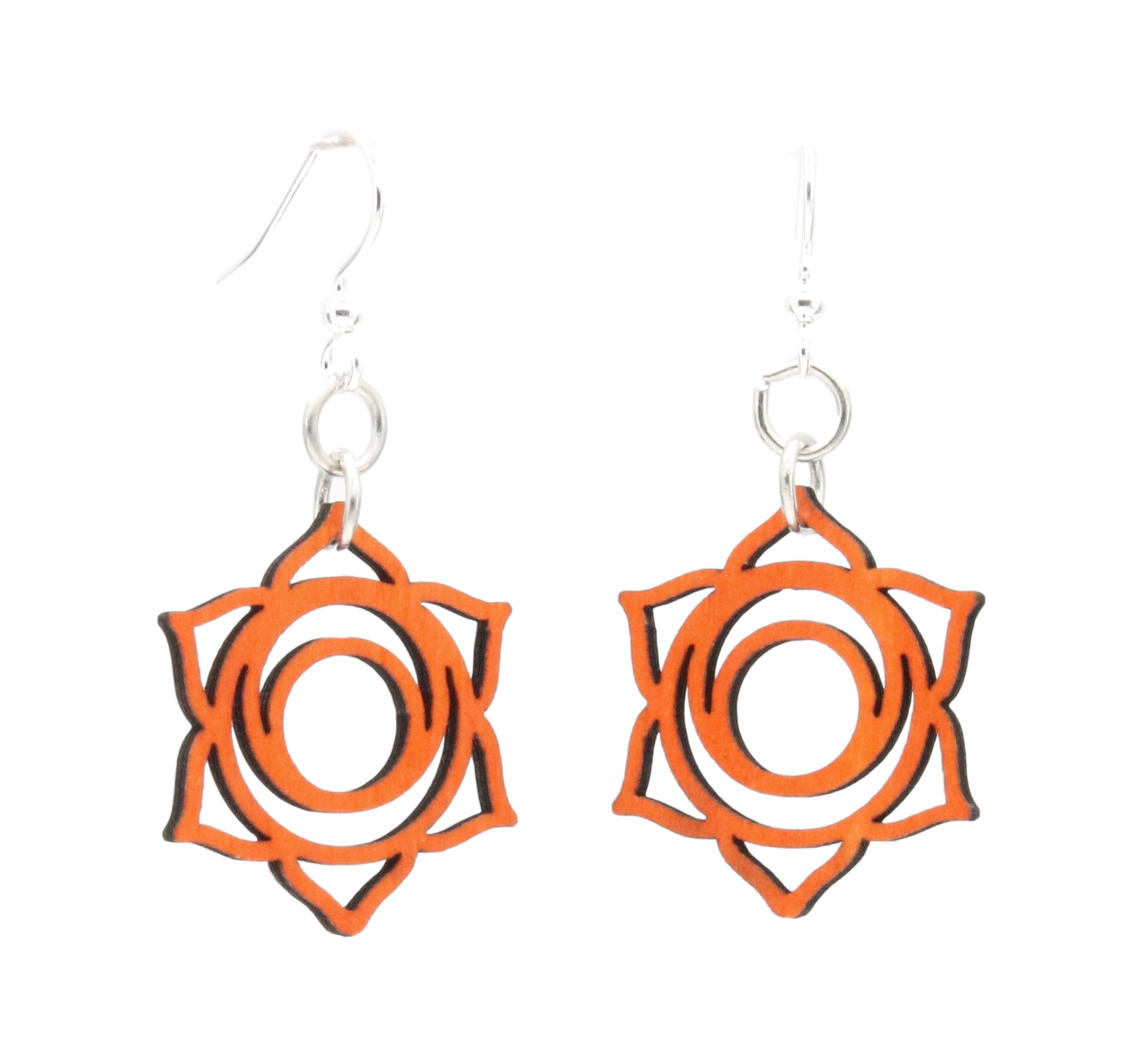 Red Sunflower Svadhishthana Chakra wood earrings featuring carved orange and brown designs, hanging from silver hooks.