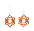 Red Sunflower Svadhishthana Chakra wood earrings featuring carved orange and brown designs, hanging from silver hooks.