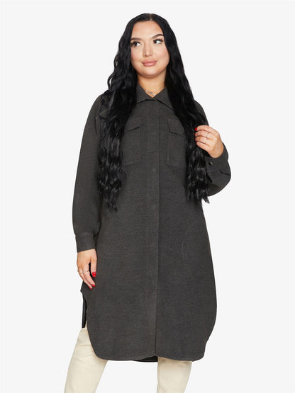 Rose Eleusis oversized longline shacket in neutral fabric, shown on model with collar and button details, styled for casual wear.
