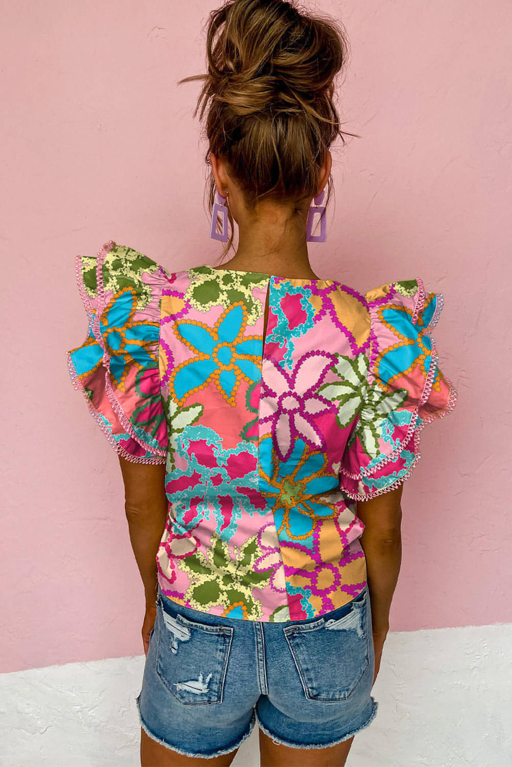Carmine Juneberry multicolor floral print ruffle sleeve blouse with trim, stylish tops and blouses fashion piece.