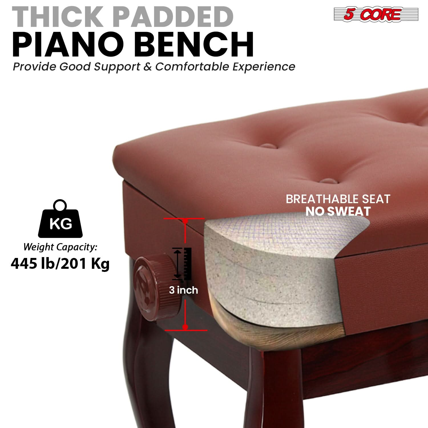 Start2Finish 5 Core padded piano bench with wooden frame, storage compartment, adjustable height, and cushioned seat for musicians.