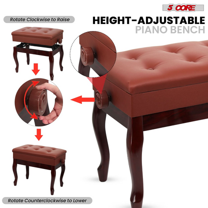 Start2Finish 5 Core piano bench with 3-inch padded cushion, wooden frame, adjustable height, and built-in storage for musicians.