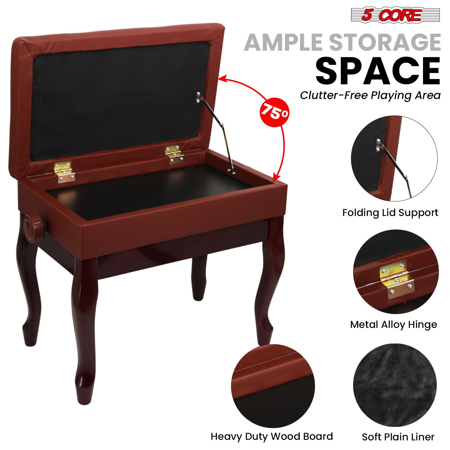 Start2Finish 5 Core padded piano bench with wood frame, adjustable height, cushioned seat, and built-in storage for musicians.