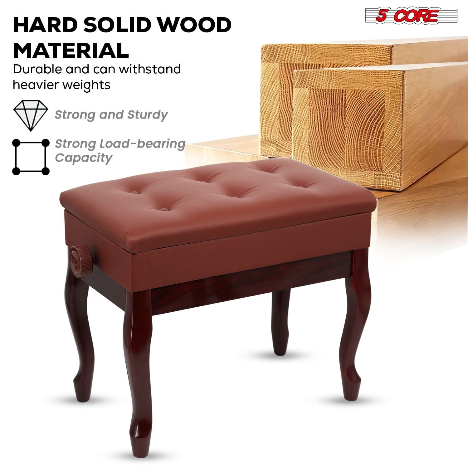 Start2Finish 5 core piano bench with padded cushion, wooden frame, adjustable height, and storage for musicians.