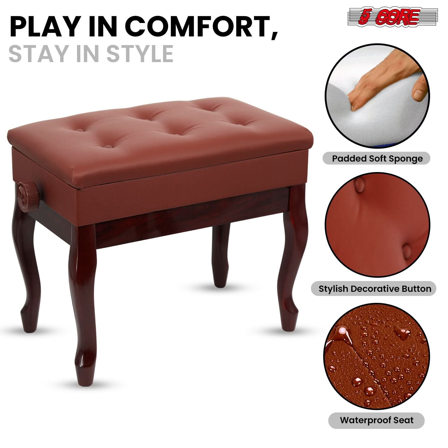 Start2Finish 5 Core padded wooden piano bench with adjustable height and built-in storage, featuring a cushioned seat for musicians.