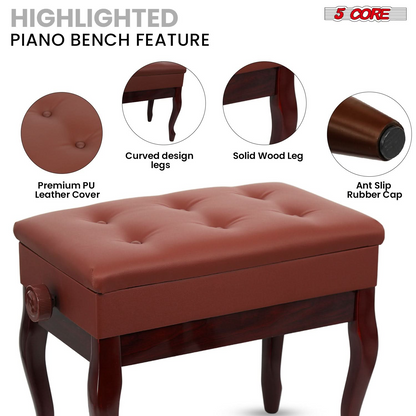 Start2Finish 5 core padded piano bench with adjustable height, wooden frame, cushioned seat, and built-in storage for musicians.