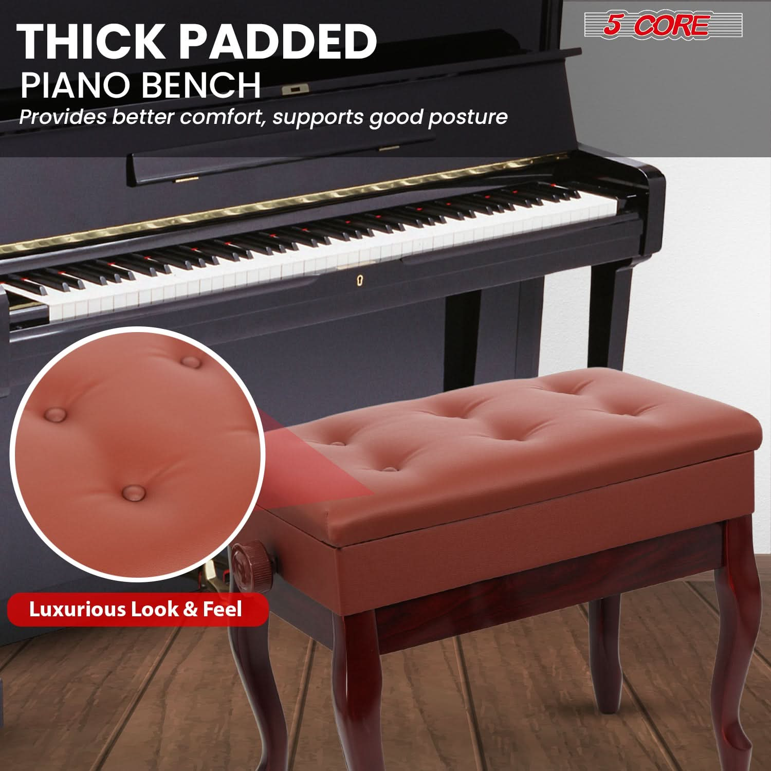 Start2Finish 5 Core Piano Bench with 3-inch padded cushion, wooden frame, adjustable height, and storage compartment for musicians.