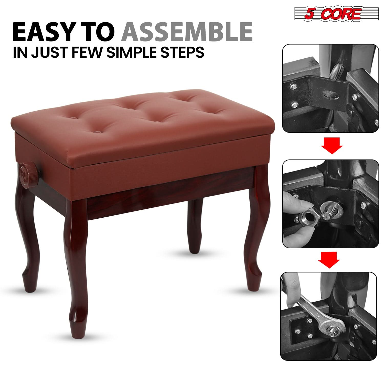Start2Finish 5 Core padded piano bench with wooden frame, adjustable height, storage compartment, and cushioned seat for musicians.