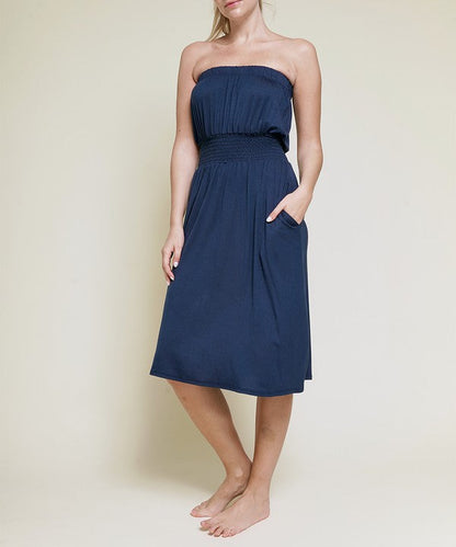 Knee-length bamboo tube dress for women by Jade Icarus, featuring a fitted silhouette and natural bamboo fabric.