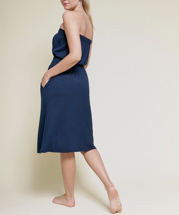 Knee-length bamboo tube dress for women by Jade Icarus, featuring a fitted silhouette and natural bamboo fabric.