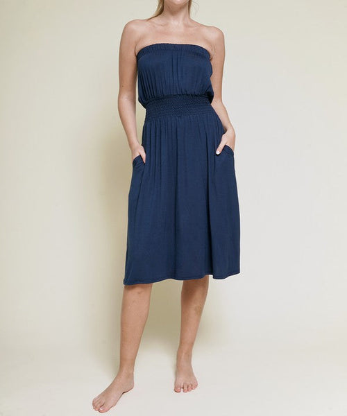 Knee-length bamboo tube dress for women by Jade Icarus, featuring a fitted silhouette and natural bamboo fabric.