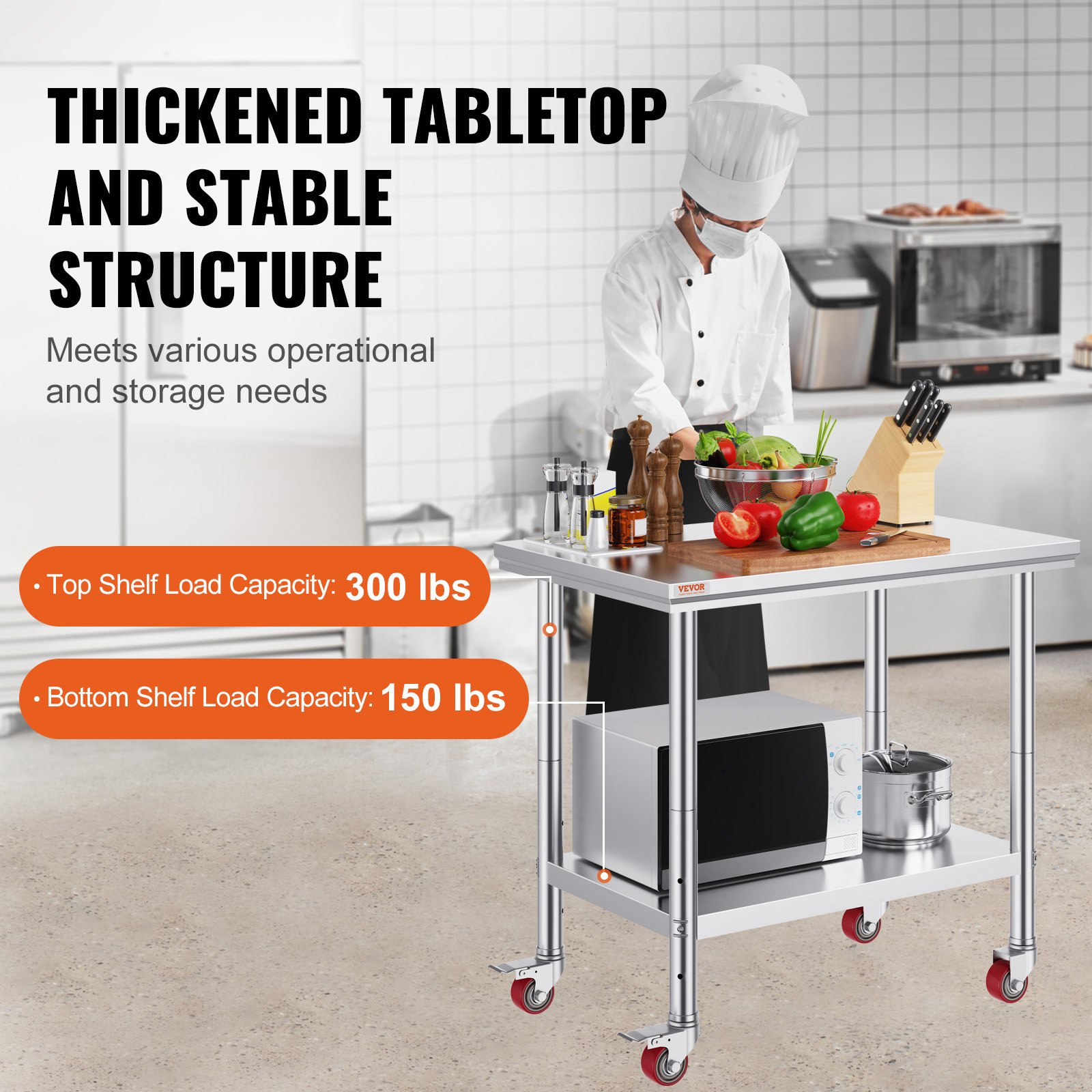 Start2Finish stainless steel work table with four wheels, adjustable height levels, and a sturdy 300 lbs capacity for commercial kitchens.